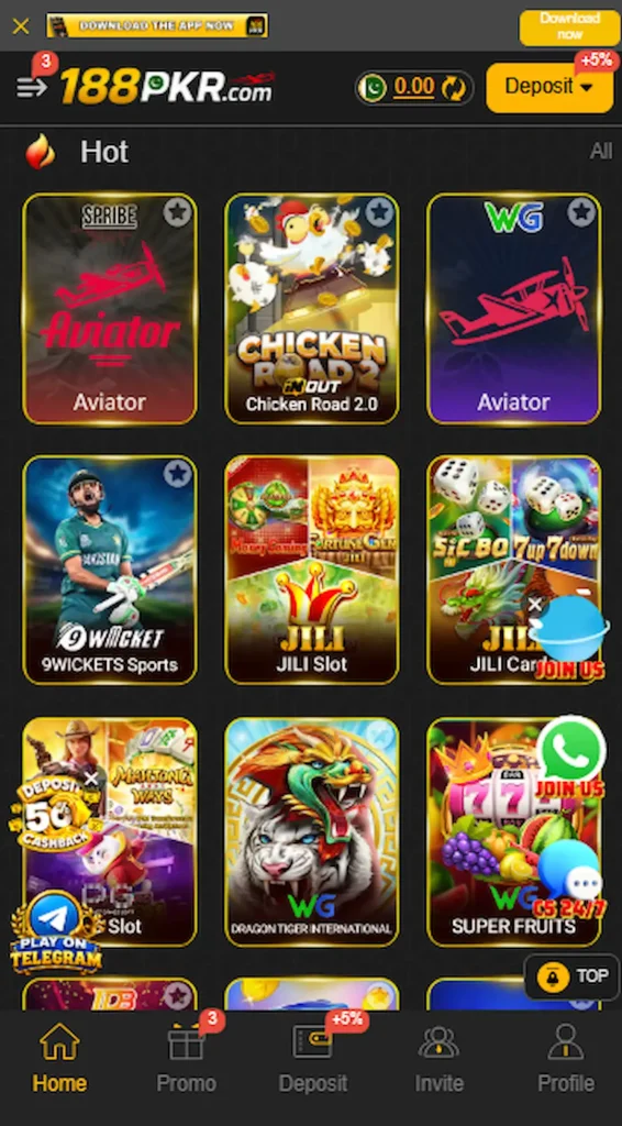PK188 games page showing multiple gaming options