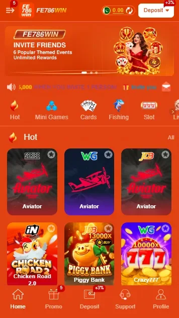 FE786Win Mobile App Homescreen and Game Dashboard View