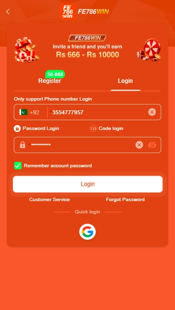 FE786Win Sign Up and Account Registration Screen