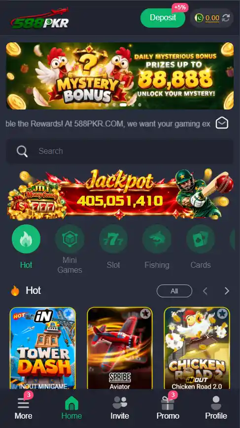 588PKR game main home screen dashboard displaying account balance, quick deposit section, and popular game categories including Teen Patti and Slots.