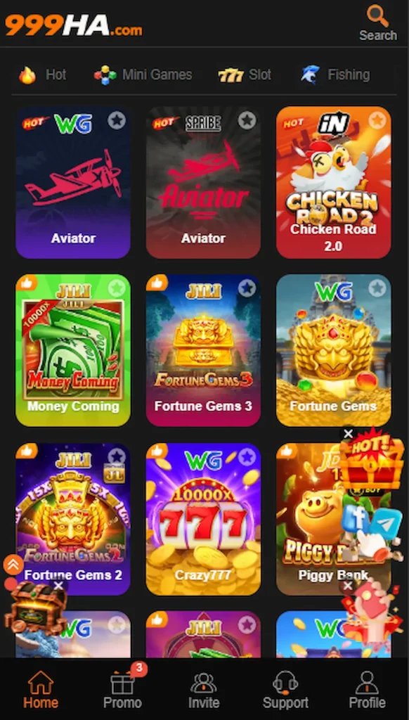 Game selection menu featuring digital cards, strategy boards, and quick arcade matches inside HA999 game app.