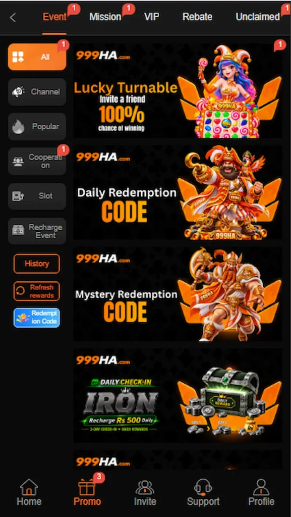 Promotional banner highlighting daily login bonuses and referral perks for HA999 game users.