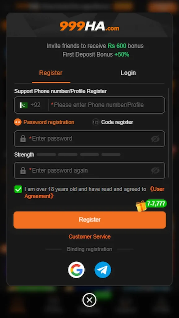 Mobile account signup screen showing quick registration forms for 999HA game.