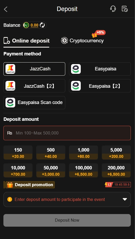 P999 Game deposit interface showing EasyPaisa, JazzCash, and USDT crypto payment options