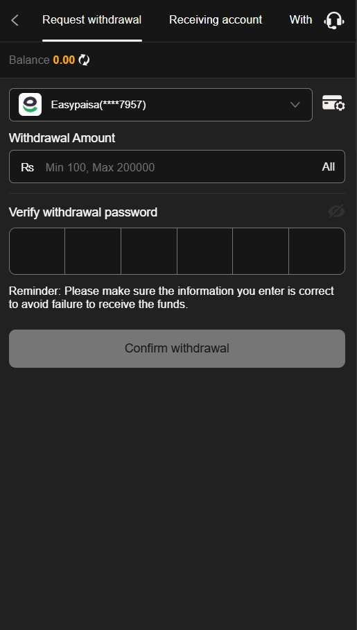 P999 Game withdrawal menu showing EasyPaisa, JazzCash, and Bank Transfer options