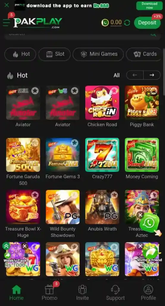 PakPlay Game official home screen interface and dashboard