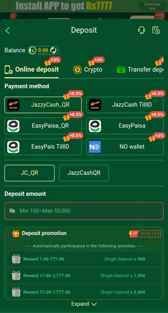 777CB Game app deposit screen showing EasyPaisa and JazzCash payment wallet options