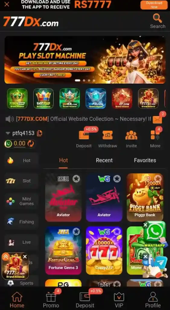 777DX Game App interface on a smartphone screen showing online games and rewards