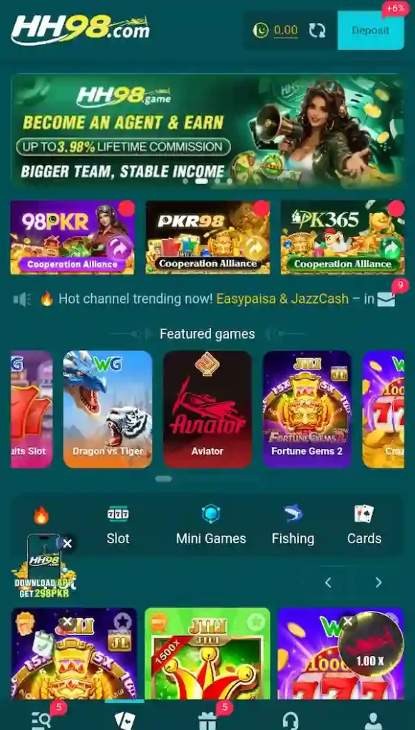 HH98 Game main dashboard homepage interface for Android smartphones
