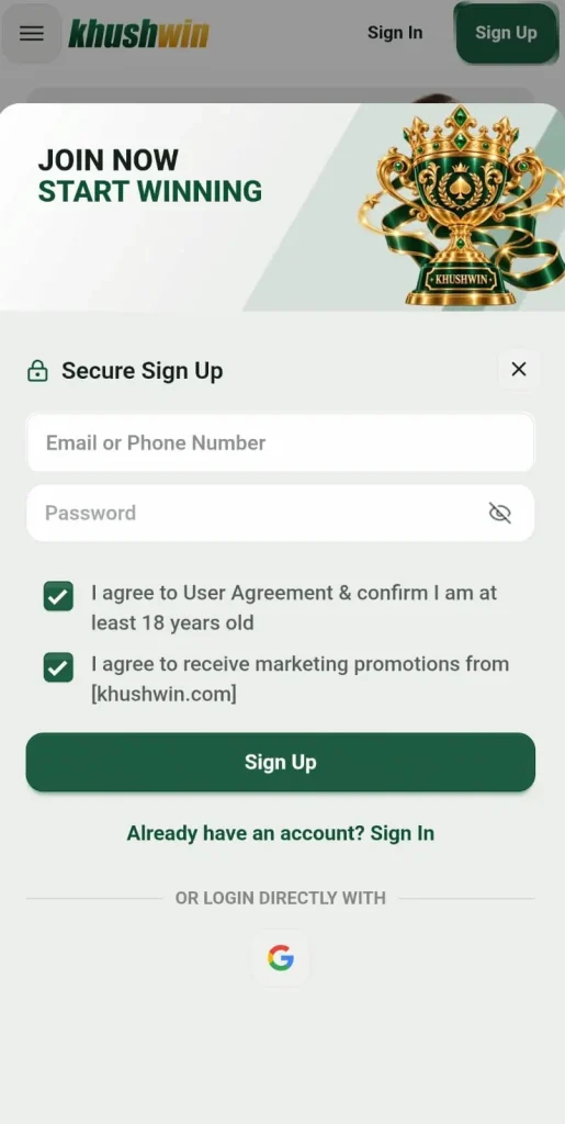 khushwin game register & login dashboard